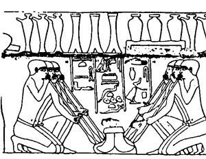 soffiatori con tubi in legno e imboccatura (nel forno) di argilla cotta;Tomba di Rehk-mi-re in Tebe, XVIII dinastia (Museo del Cairo)